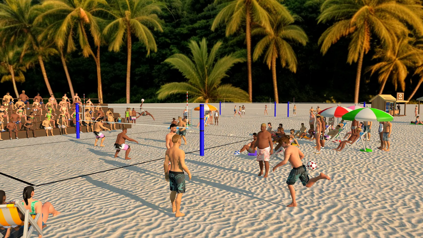 A beach court at golden hour: a player in an overhead kick above the net, a circle of players on the sand, palm trees and a grandstand behind.