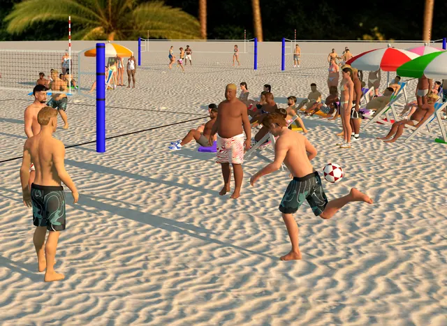 Players in a circle on the sand, one kicking the ball behind them.