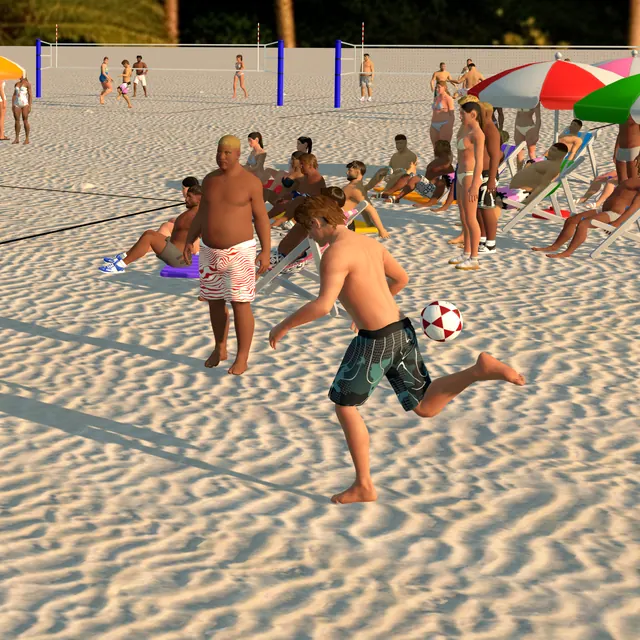 A circle of players keeping the ball up on the sand.