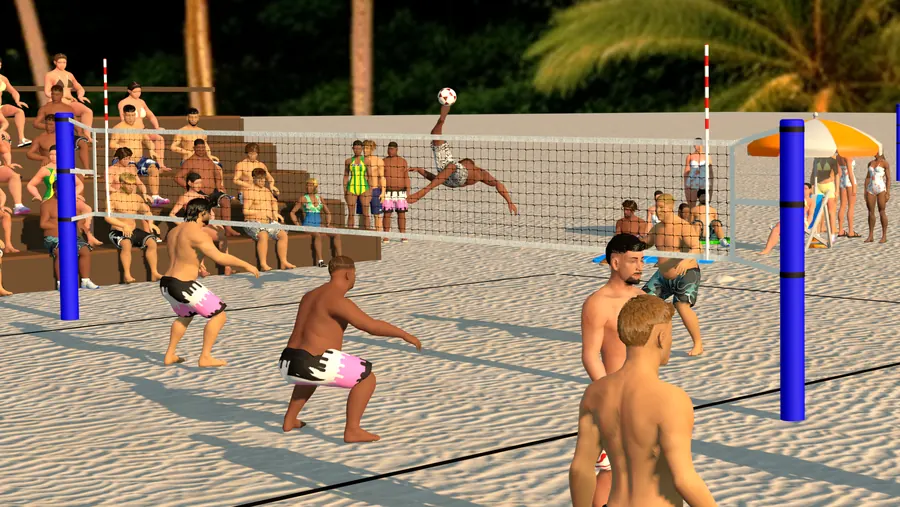A player in an overhead kick above the net while spectators watch from the grandstand.